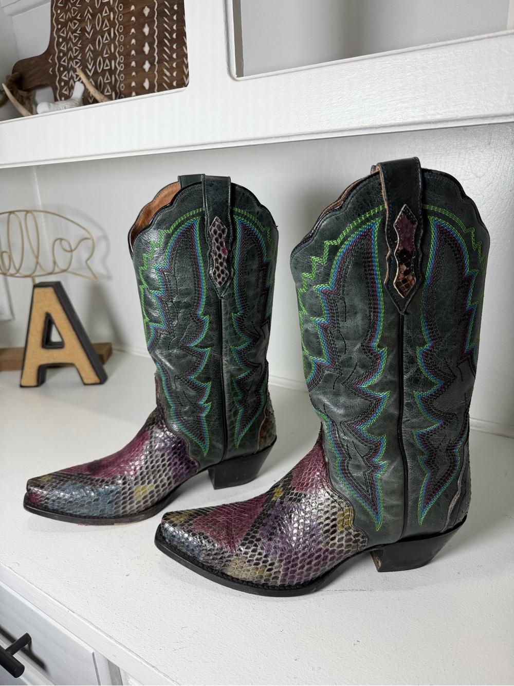 Dan Post Womens 8M Multicolor Snakeskin Leather Cowboy Boots Western Mexico